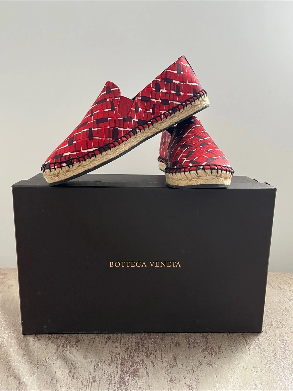 Bottega Veneta Red Grid-Patterned Slip-On Espadrilles